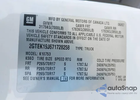 2007 GMC Sierra 1500 Sle1 z USA, uszkodzony, nr VIN 2GTEK19J671728258